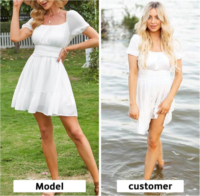 EXLURA Women's 2025 Summer Short Puff Sleeve Casual Short Mini Dresses Tie Back Square Neck A-Line Sundress – Bild 3