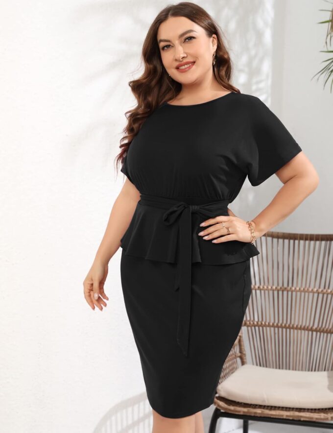 KOJOOIN Damen Plus Size Bodycon Elegant Midi Kleid Schößchen Business Arbeit Büro Etui Bleistift Cocktail Party Kleid mit Gürtel – Bild 3