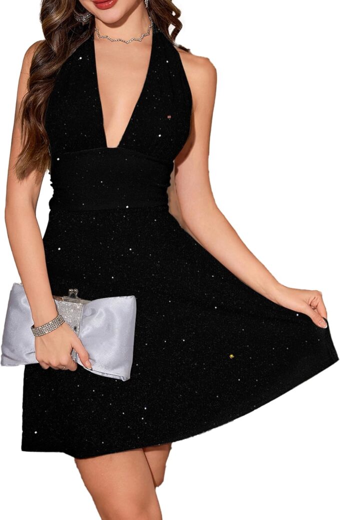 Sexy Deep V Neck Halter Glitter Bodycon Dress – Sparkling Sleeveless Cocktail Party Dress Backless Women's Evening Clubwear