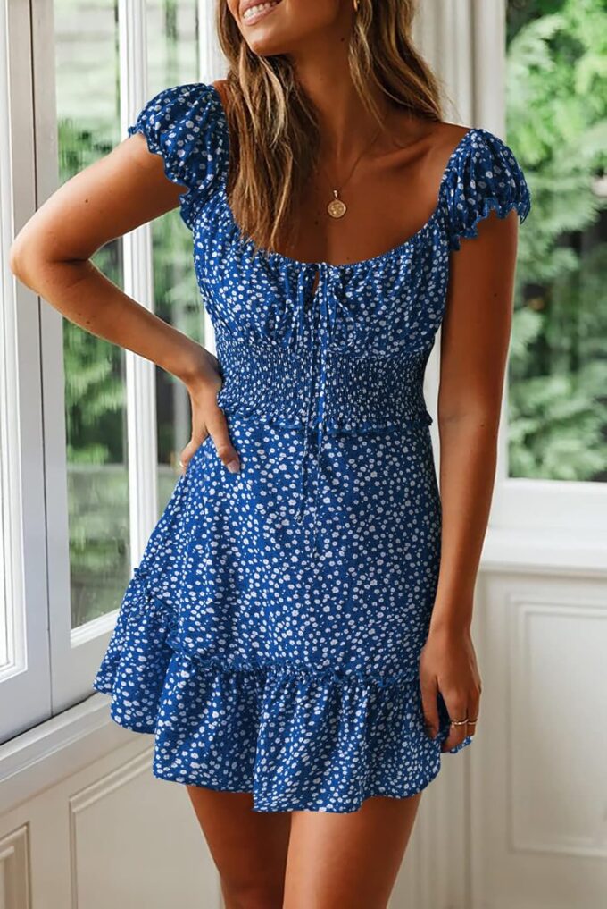 YOBECHO Womens Summer Sexy Sweetheart Collar Printed Ruffle Mini Dress – Bild 2