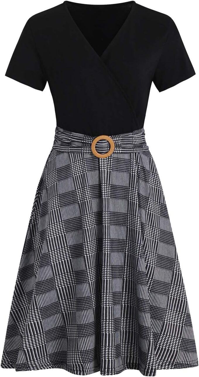 Women's Elegant Criss-Cross V Neck Vintage Short Sleeve Work Casual Fit and Flare Tea Dress with Pockets 980 – Bild 2