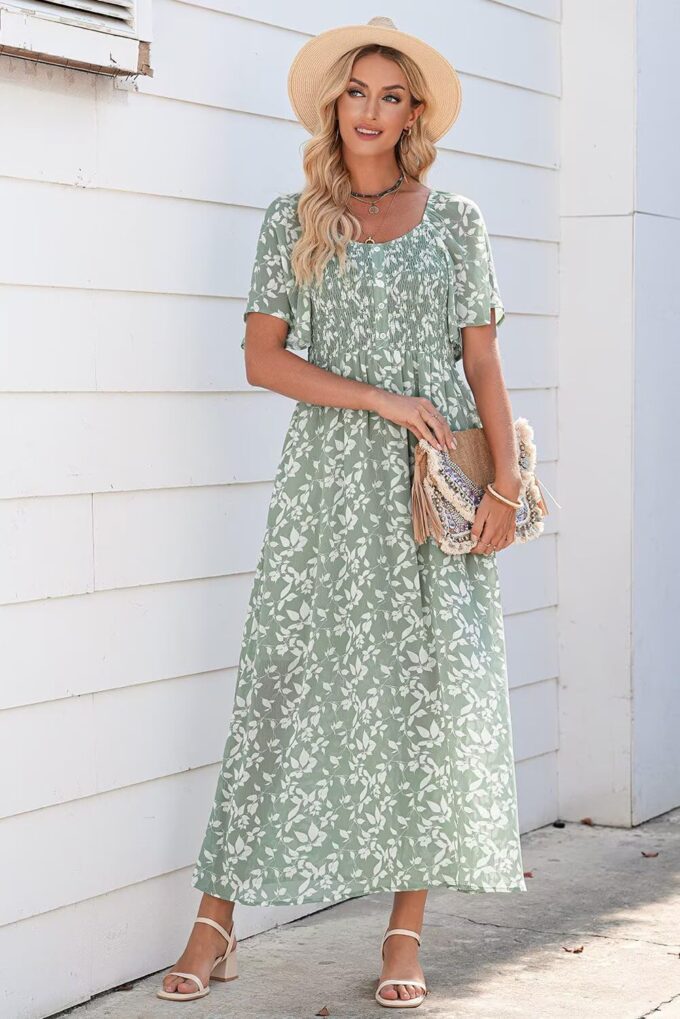 Dokotoo Womens Dresses 2025 Square Neck Tie Backless Summer Dresses Cap Sleeve Floral Buttoned Empire Waist Maxi Dress – Bild 2