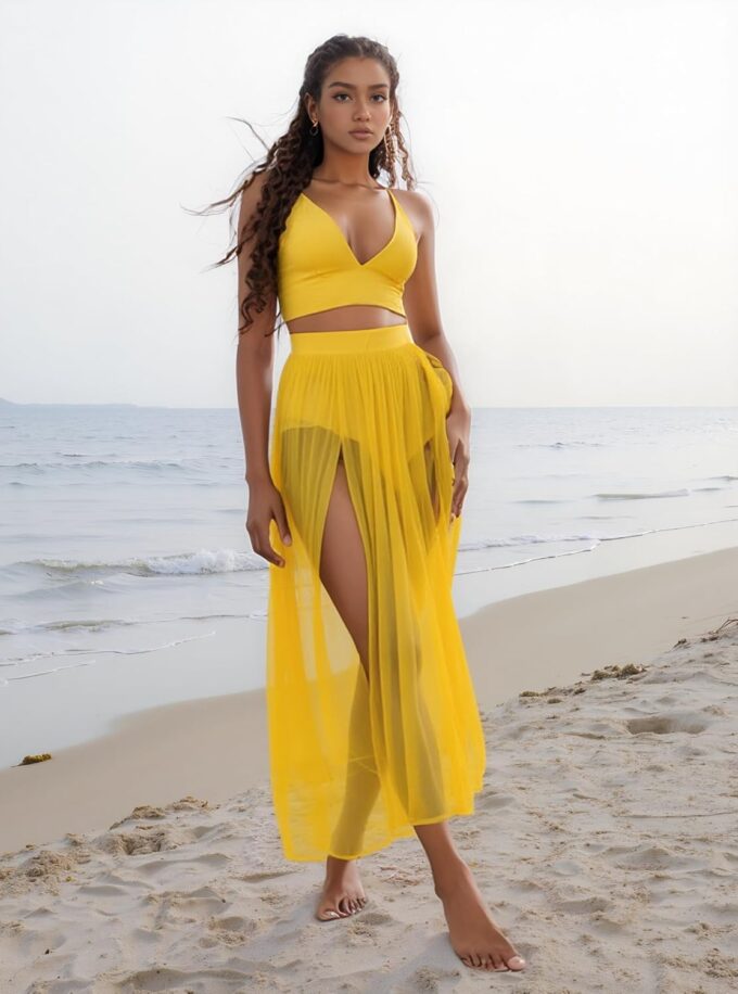 Women Sexy 2 Piece Outfits Dress Chiffon Strap Deep V Neck Bra Crop Top High Split Maxi Dresses Skirt Set – Bild 5
