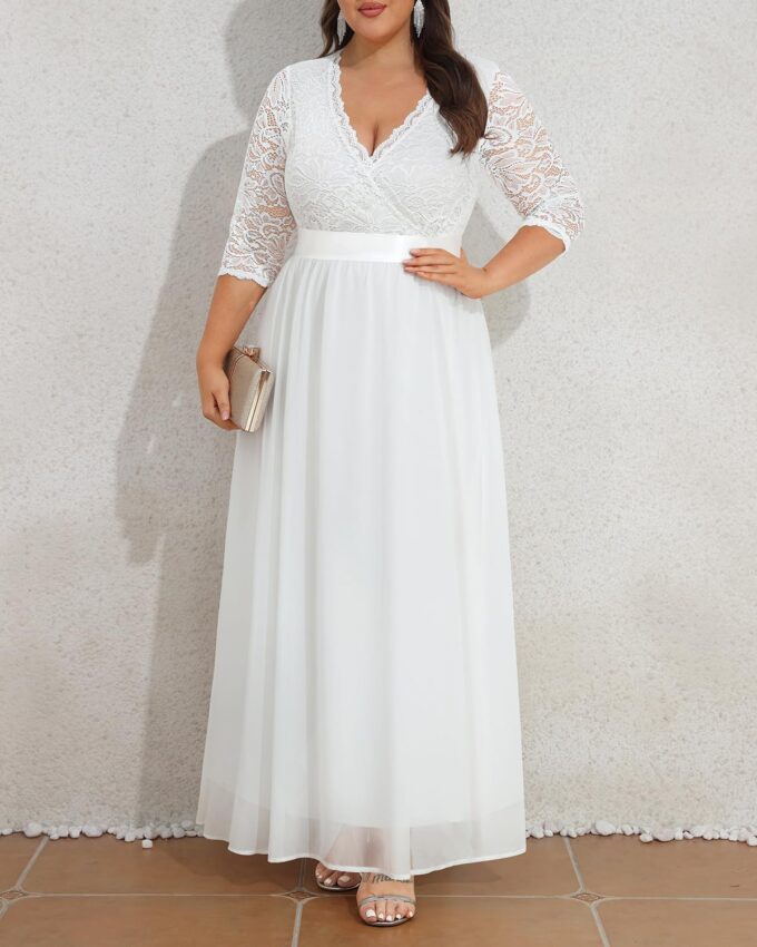 Pinup Fashion Damen-Maxikleid mit Spitze, Chffon, lang, 3/4-Ärmel, V-Rücken, formelles Kleid – Bild 3