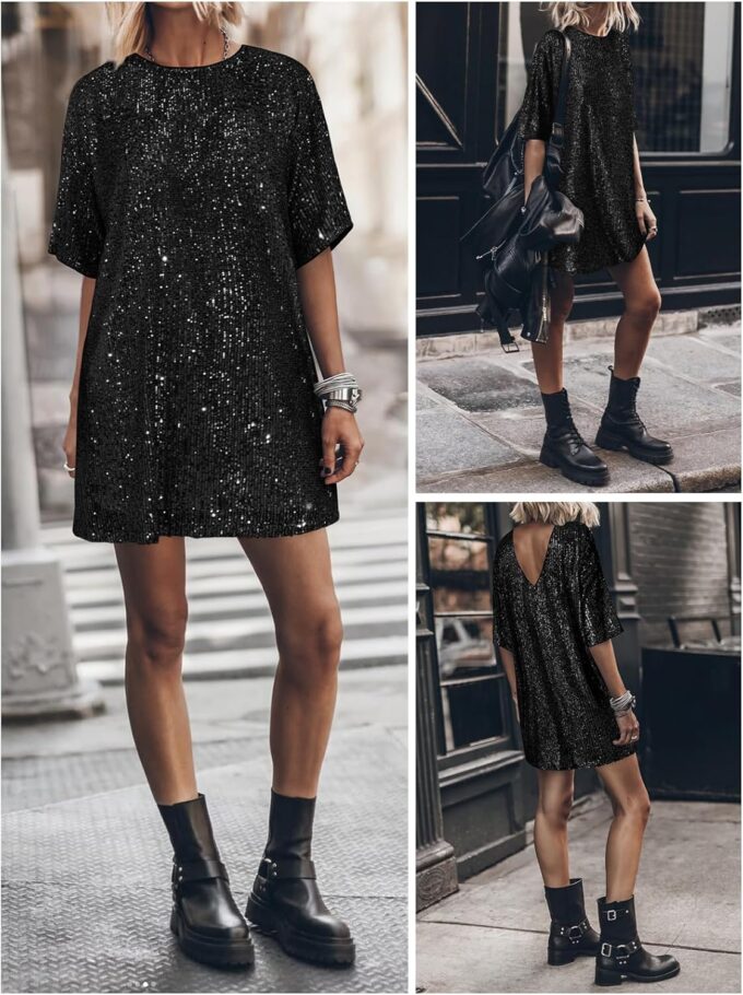 Women's Crew Neck Sequin Dress for Women Sexy V Neck Shirt Dress Sparkly Half Sleeve Loose Party Club Cocktail Dress – Bild 3