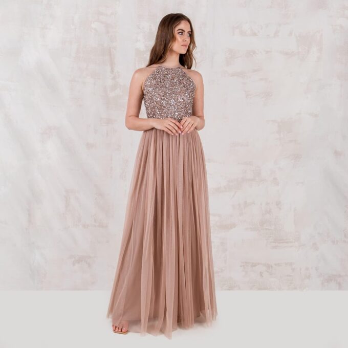 Maya Deluxe Damen Maxikleid Brautjungfer Neckholder Pailletten Verziert Abschlussball Hochzeit Dleider für Besondere Anlässe Bridesmaid Dress – Bild 2