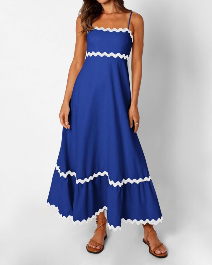 dowerme Women Summer Dresses 2025 Spaghetti Straps Sleeveless Smocked Rickrack Trim Boho Flowy Loose A-Line Midi Dress – Bild 2