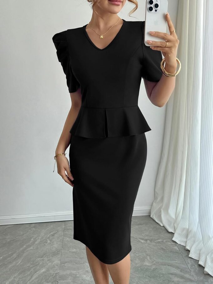 Mokayee Damen-Sommerkleid, Puffärmel, V-Ausschnitt, Schößchen, Kirche, Business, Arbeit, Bleistiftkleid – Bild 5