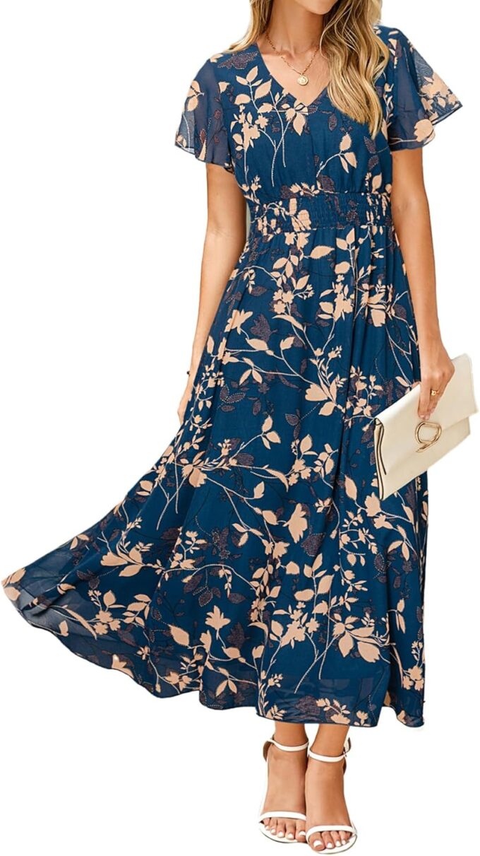 Simplee Womens Floral Maxi Dress - Short Sleeve Summer Boho Wedding Guest Dress Empire Waist Chiffon Modest Midi Dresses