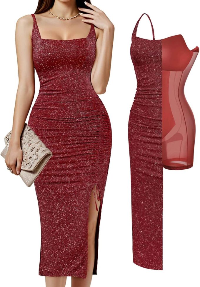 Popilush Sparkly Cocktail Dresses for Women Tummy Control Formal Shapewear Dress Square Neck Ruched Midi Dress Side Slit
