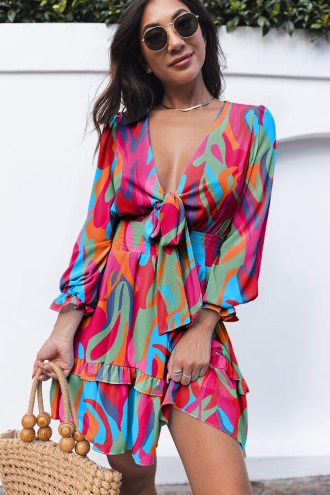 Dokotoo Womens Casual Spring Summer 2025 Deep V Neck Knotted Tiered Chiffon Elegant Mini Short Swing Skater Dresses – Bild 3