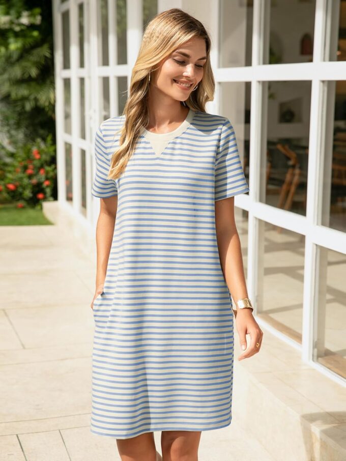 Glamaker Women Summer Tshirt Shift Dress Casual Striped Short Sleeve Crew Neck Knee Length Comfy Dress with Pockets – Bild 3
