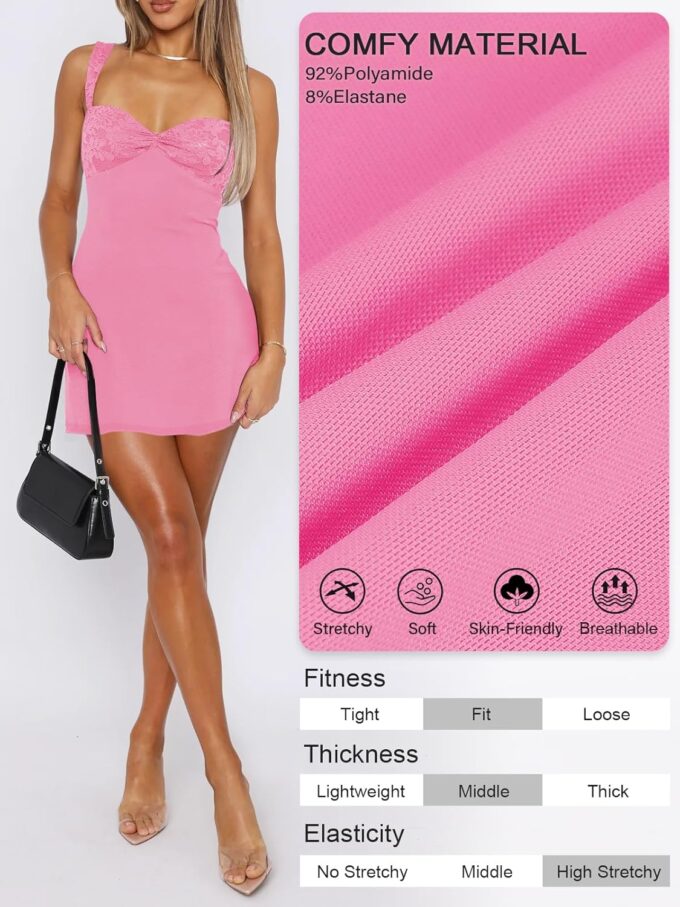 Women's Summer Mini Dresses Sleeveless Sexy Square Neck Lace Splicing Cocktail Party Straps Bodycon Dress – Bild 4