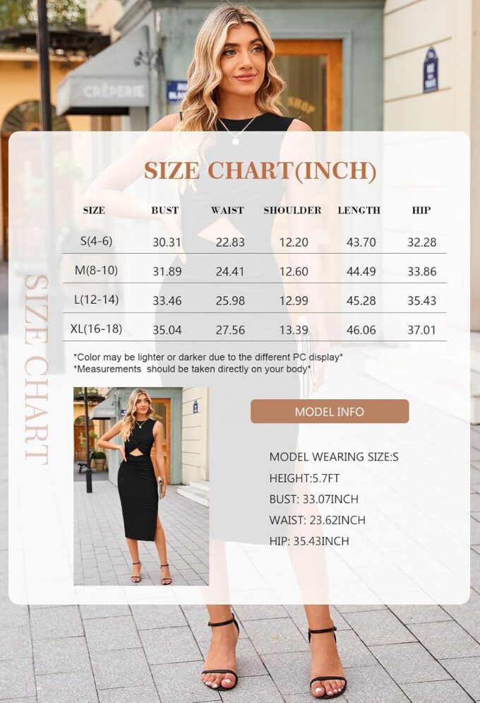 HUUSA Damen Sexy ärmelloses figurbetontes Kleid mit Rundhalsausschnitt, überkreuzter gedrehter Schlitz, geripptes Strick-Tank-Midikleid – Bild 5