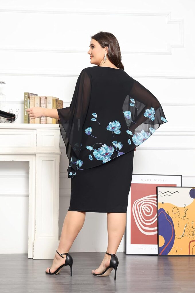 KIMCURVY Damen Große Größe Chiffon Cape Cocktailkleid mit Overlay Knielang Midikleid Bleistiftkleid Abendkleid – Bild 4