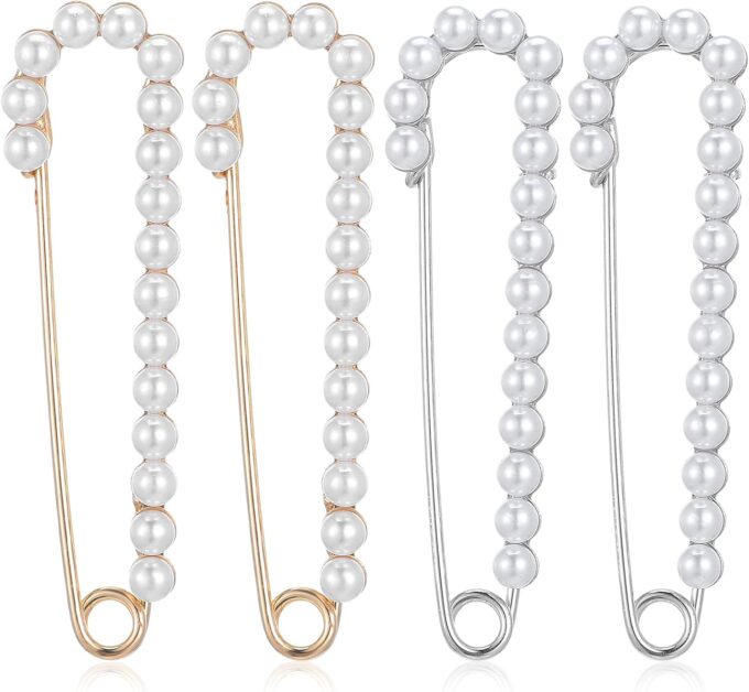 Nogeqi 4 Stück Broschennadeln Groß, Sicherheitsnadel Perlen, Schleppennadel Brautkleid, Sicherheitsnadeln Perlen Brosche Damen, Safety Pin Necklace Für Kleidung Mädchen Weihnachten