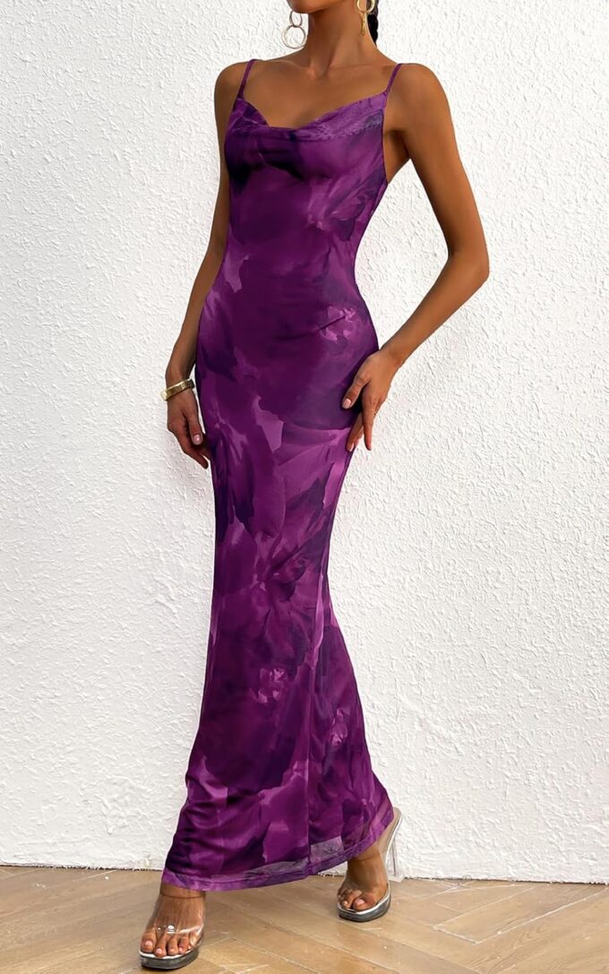 PRETTYGARDEN Women's 2025 Summer Floral Spaghetti Strap Maxi Dress Stretch Sexy Bodycon Dress Backless Slip Long Dresses – Bild 5