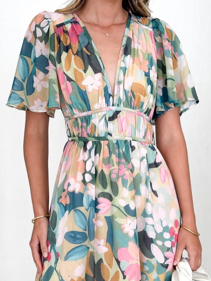 Womens V Neck Flutter Sleeve Boho Midi Dress Summer Wedding Guest Beach Party Long Dresses – Bild 5