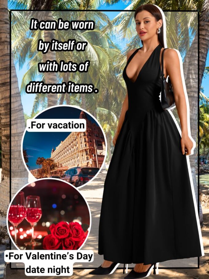 Deep V Neck Dress, Halter Maxi Dresses, Vacation Date Night, Sexy for Women Corset Flowy Wedding Guest Drop Waist – Bild 4