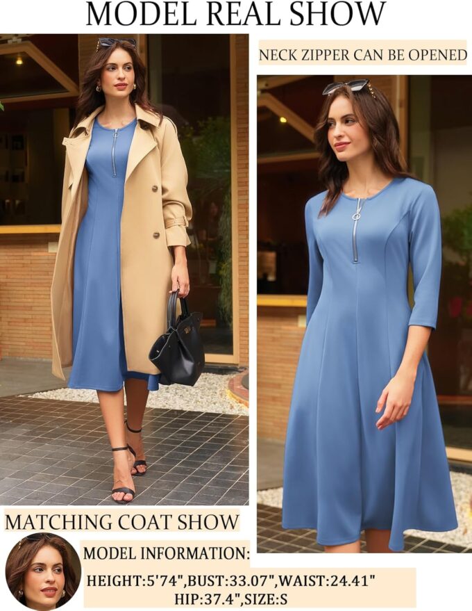 GRACE KARIN Damenkleid, 3/4-Ärmel, Reißverschluss vorne, Midi-Kleid, Empire-Taille, Aline-Kleid mit Taschen – Bild 3