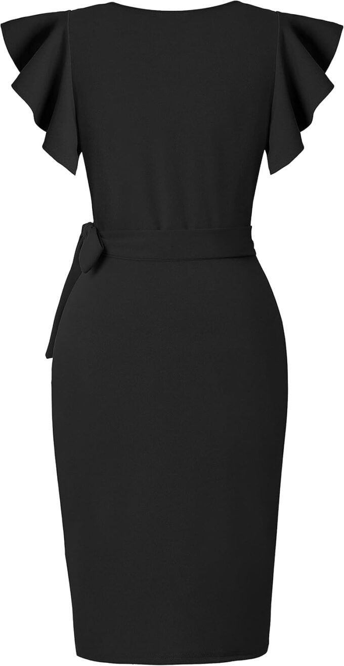 oten Womens Deep V Neck Ruffle Sleeve Sheath Casual Cocktail Party Work Faux Wrap Dress – Bild 3