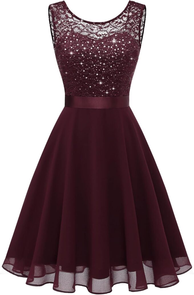 Berylove Cocktailkleid Damen Abendkleider Elegant für Hochzeit Kleid Hochzeitsgast Chiffon Ärmellos Spitzenkleid