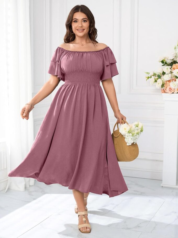 Plus Size Maxi Dress Off The Shoulder Ruffle Smocked Wedding Guest Cocktail Slit Hem Flowy Dresses for Curvy Women – Bild 6