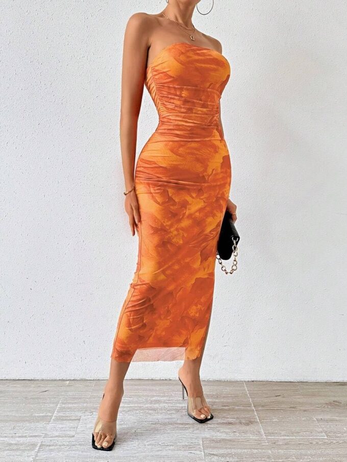 Women's Summer Dress Printed Strapless Tube Bodycon Maxi Side Slit Mesh Layered – Bild 5
