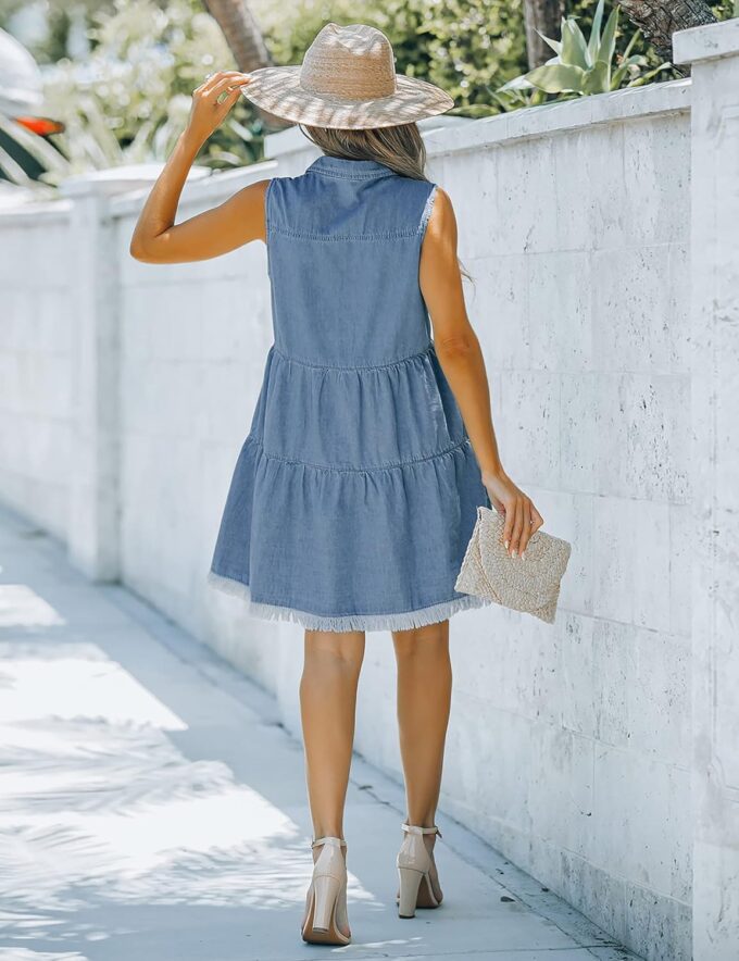 luvamia Women's Casual Summer Lapel Sleeveless Button Down Short Denim Jean Dress – Bild 6