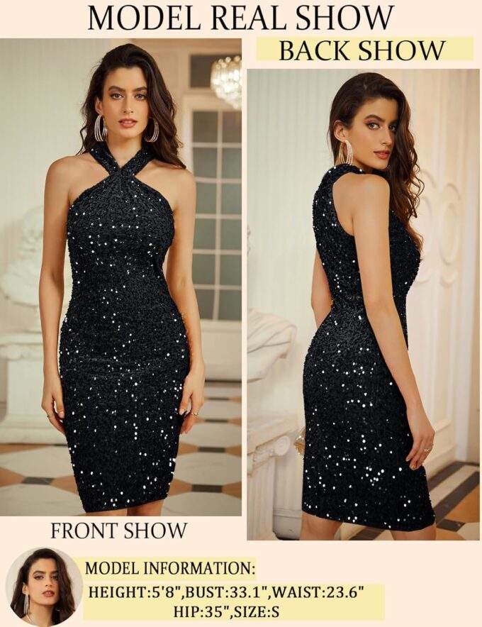 GRACE KARIN Sequin Dress for Women Sleeveless Sparkly Glitter Halter Dress Bodycon Mini Club Dresses 2025 – Bild 2