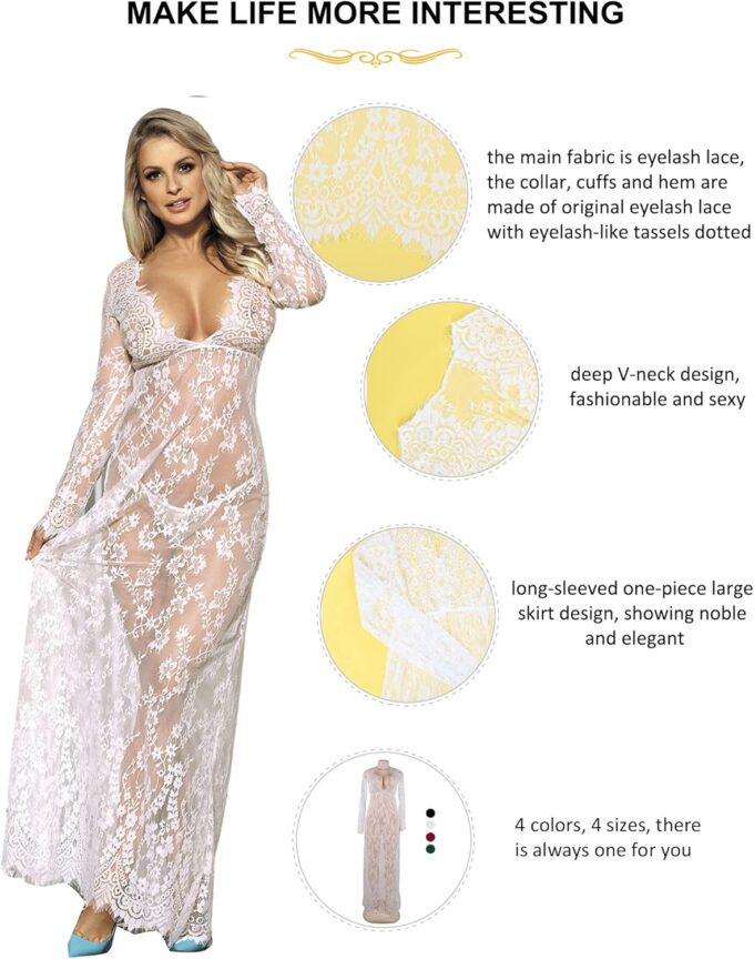 comeondear Damen Kleider Sexy Spitze Lang Langarm V-Ausschnitt Negligee Transparent Schwangerschafts Umstandskleid Reizwäsche Dessous mit G-String – Bild 4