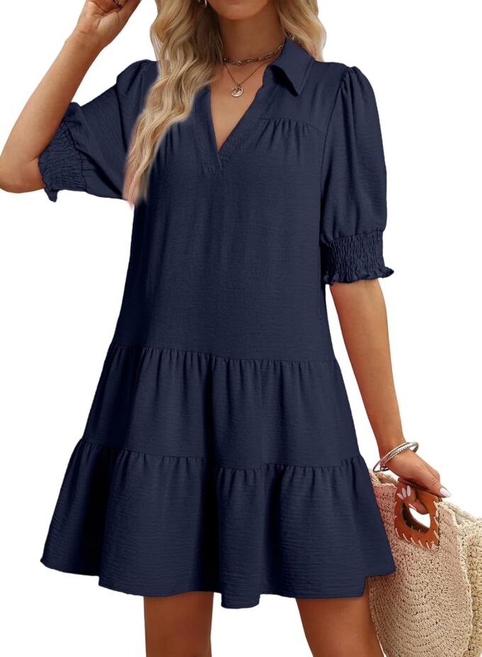 Dokotoo Casual Dresses for Women Lapel Collared V Neck Mid Sleeved Pleated Summer Dresses for Women 2025 Midi Dresses