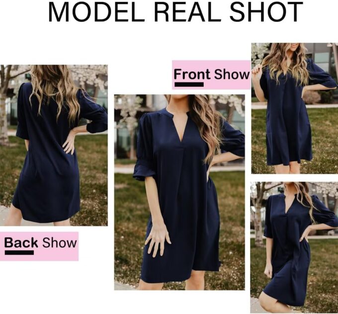Wkior Shift Dress for Women V Neck Short Sleeves Solid Color Casual Flowy Summer Dresses(S-2XL) – Bild 7