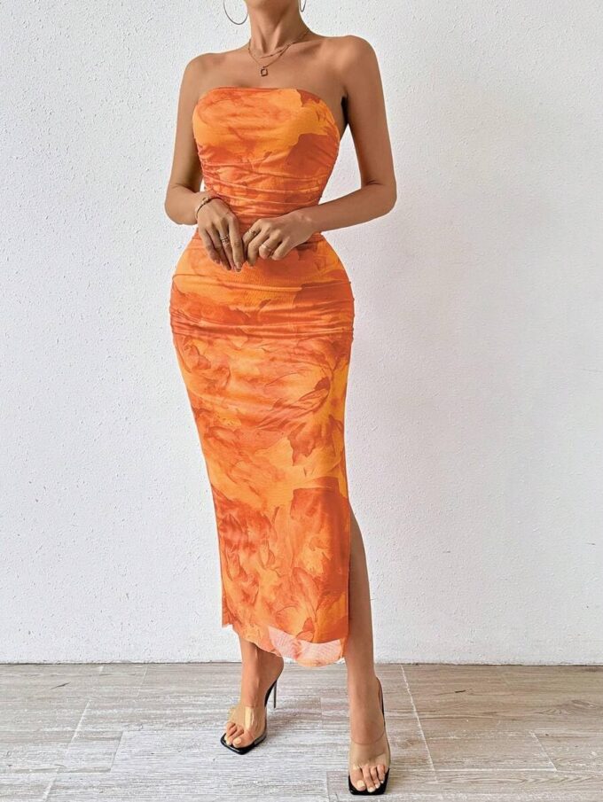 Women's Summer Dress Printed Strapless Tube Bodycon Maxi Side Slit Mesh Layered – Bild 3