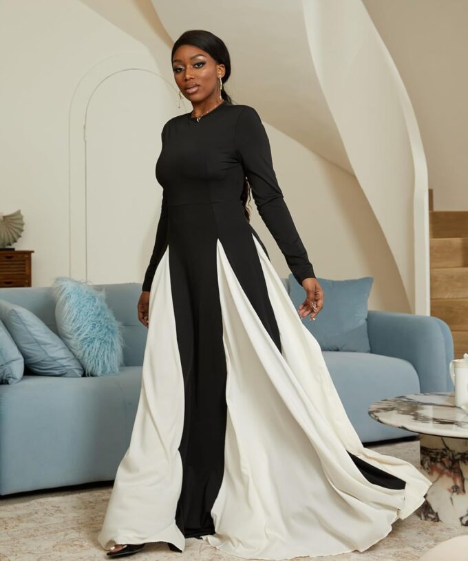 Wedding Guest Dresses for Women Elegant Long Sleeve Patchwork Pleated Swing Long Dress Formal Maxi Dress – Bild 4