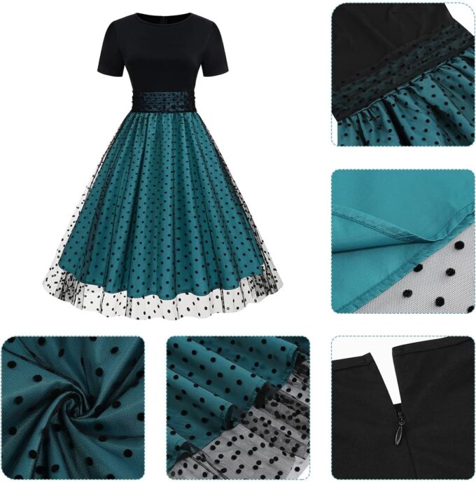 Odizli Rockabilly Kleider Damen 50er Jahre Kurzarm Mesh Polka Dot Tüllkleid Sommer Swing Coctailkleid – Bild 4