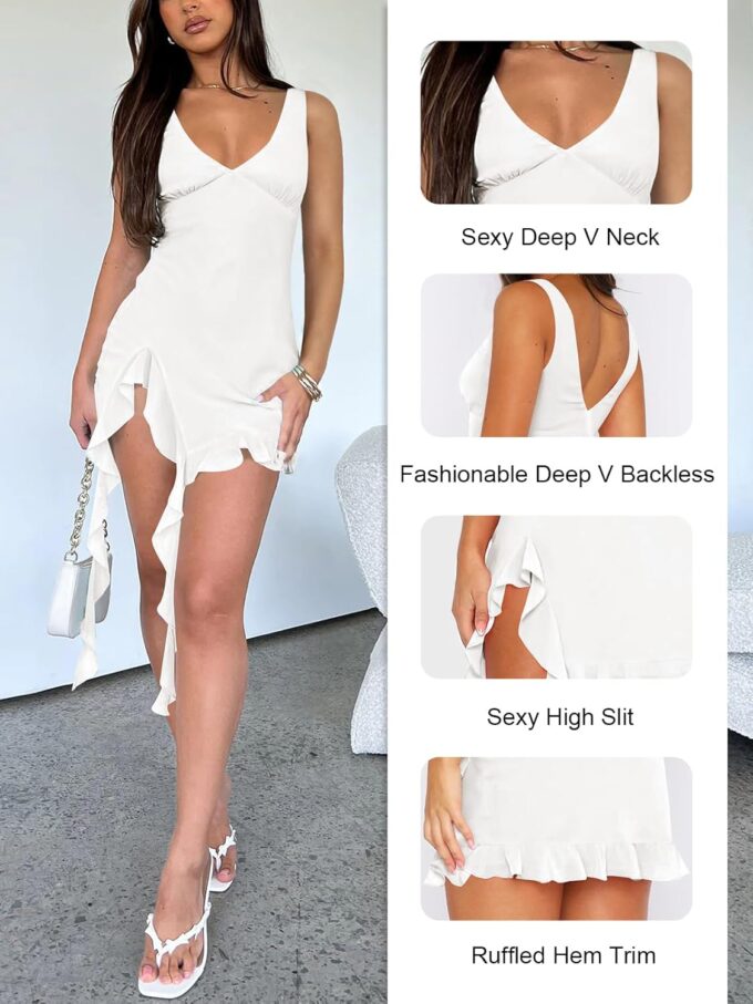 Women Sleeveless Sexy V Neck Bodycon Mini Dress Summer Side Slit Mesh Irregular Ruffle Hem Backless Short Dress – Bild 3
