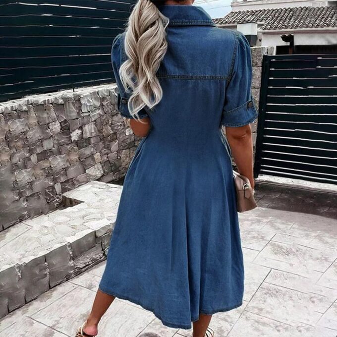 Women Denim Shirt Dress V Neck Short Sleeve Long Bottom Down A-Line Jeans Dresses with Pockets – Bild 2