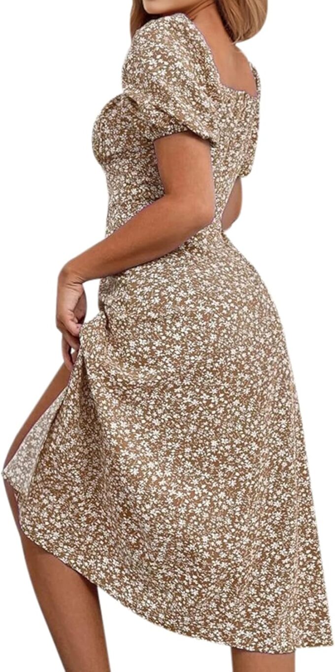 SPRIME Women's Floral Summer Casual Dress Square Neck Puff Sleeve Boho Midi Dresses Ruched Bust High Waist Split Long Dress – Bild 5