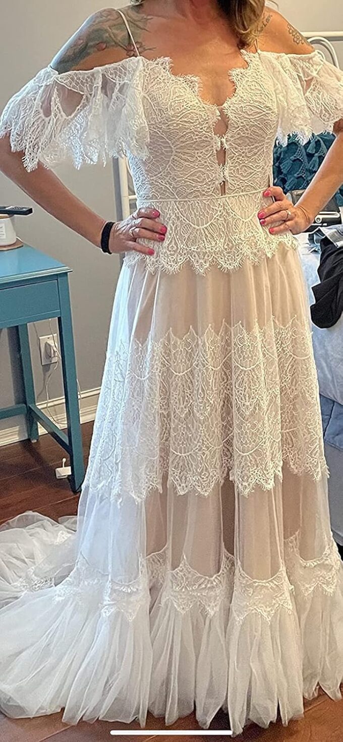 Women's Wedding Dresses Chic Lace Evening Dresses V Neck Ruffle Sleeves Beachy Boho Outdoorsy Wedding Gowns – Bild 8