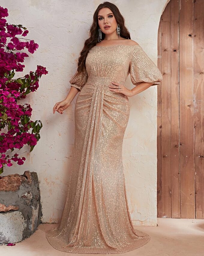 Women's Plus Size Off Shoulder Puff Sleeve Sequin Formal Maxi Dress Evening Party Gowns – Bild 3