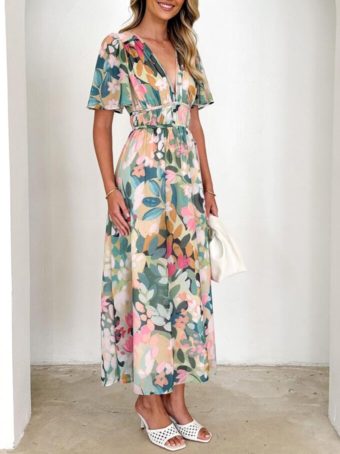 Womens V Neck Flutter Sleeve Boho Midi Dress Summer Wedding Guest Beach Party Long Dresses – Bild 4