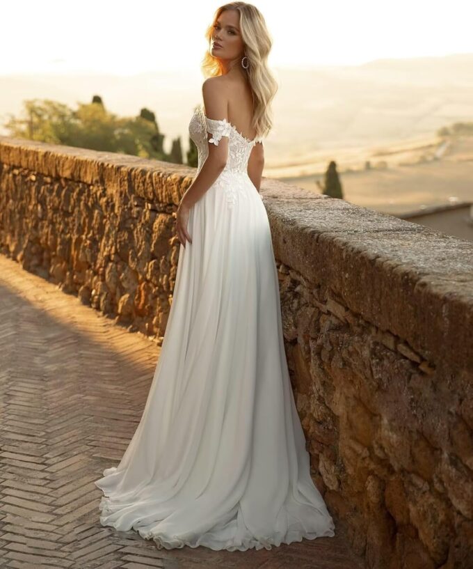 ZOOYYUE Brautkleider Schulterfrei Spitze Hochzeitskleider - Damen Chiffon Standesamt Brautkleid mit Schlitz – Bild 3