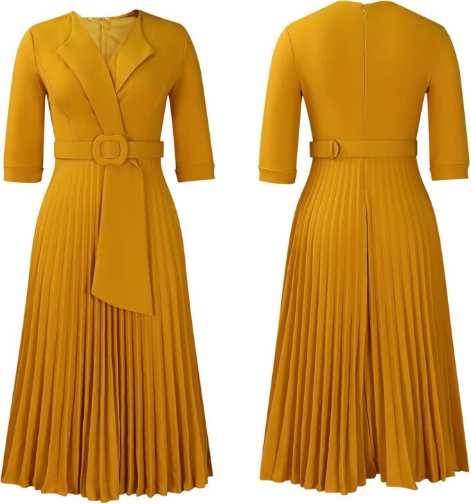 SOMTHRON Damen Elegant 3/4 Ärmel Blazer Kleid V Ausschnitt Revers Plissee Business Arbeit Swing Midi Kleid mit Gürtel – Bild 6