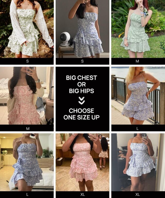 Narecte Summer Dresses for Women,Tie Halter Mini Dress,Floral Print Short Dress,Ruffle Trim Casual Dresses – Bild 6