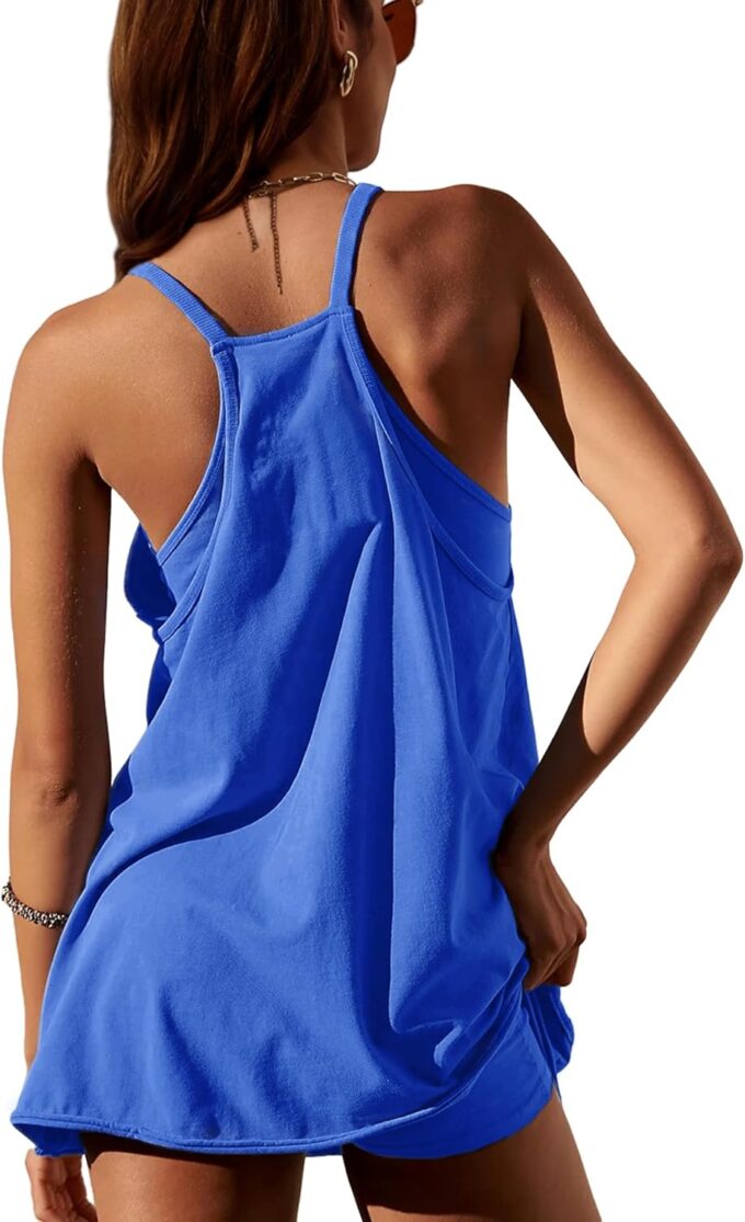 Zhiyouni Women's Summer Sleeveless Mini Dress V Neck Spaghetti Straps Athletic Built-in Shorts Sundress – Bild 2
