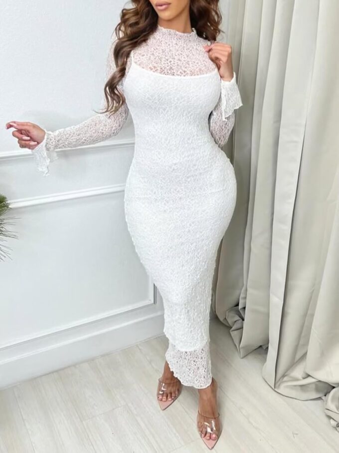 Uni Clau Womens Sexy Lace Dresses Long Sleeve See Through Bodycon Midi Dress 2 Piece Dress Set Birthday Date Night Outfit – Bild 4