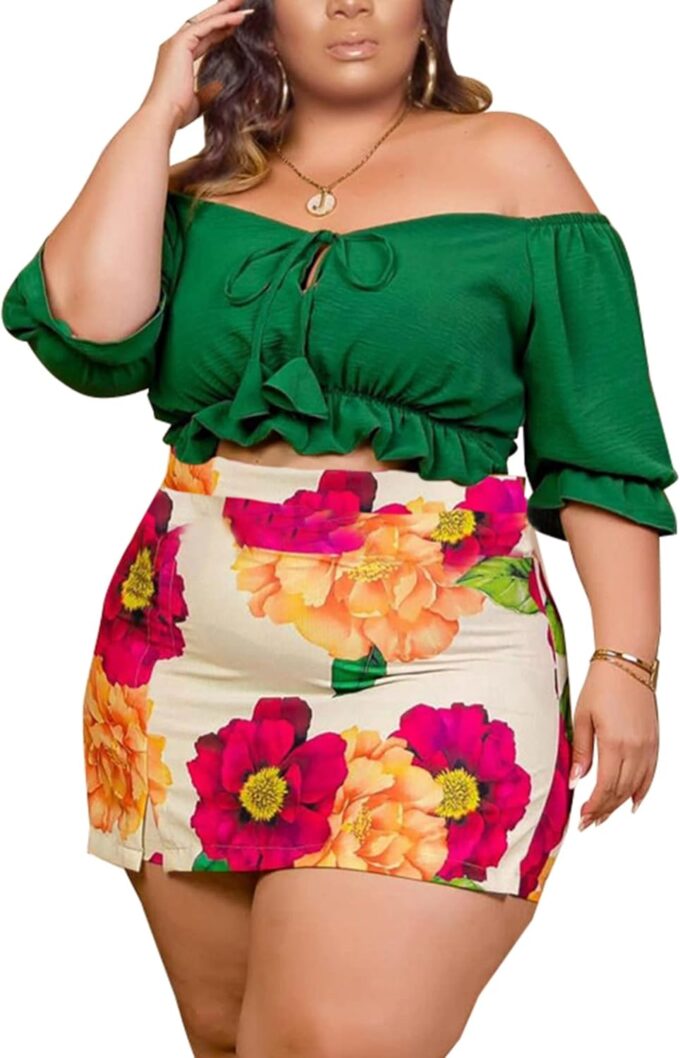 Women Plus Size Skirt Two Piece Outfit Short Sleeve Off The Shoulder Crop Top Shorts Dress Suit Set