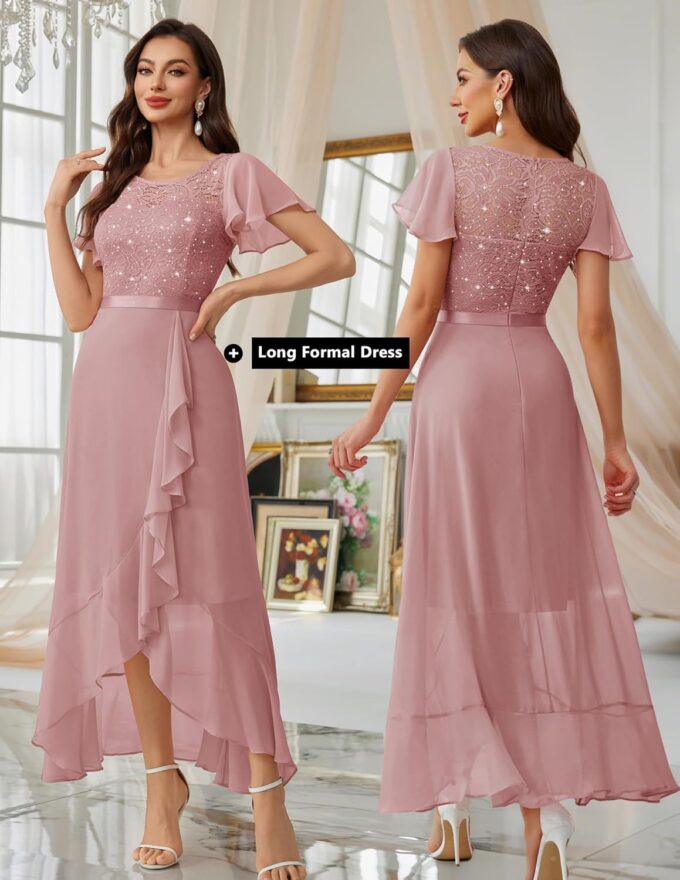 Berylove Abendkleid Lang Elegant für Hochzeit Kleid mit Schlitz Cocktailkleid Damen Elegant mit Ärmeln Elastische Taille – Bild 6