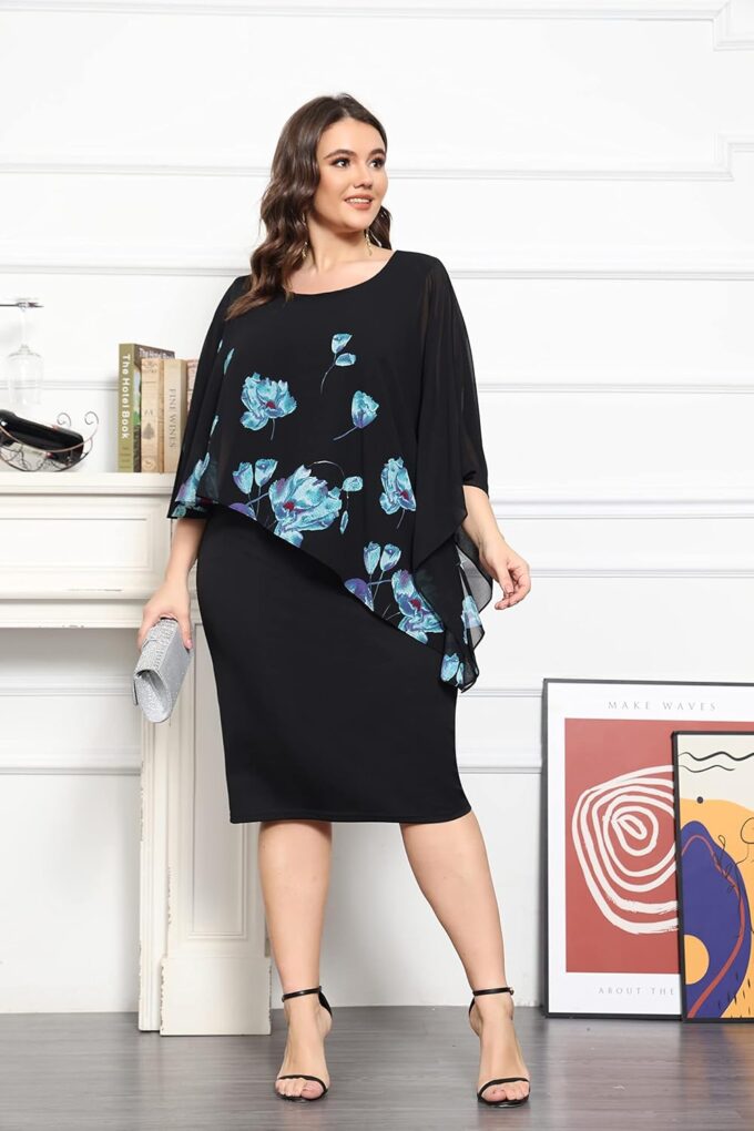 KIMCURVY Damen Große Größe Chiffon Cape Cocktailkleid mit Overlay Knielang Midikleid Bleistiftkleid Abendkleid – Bild 2